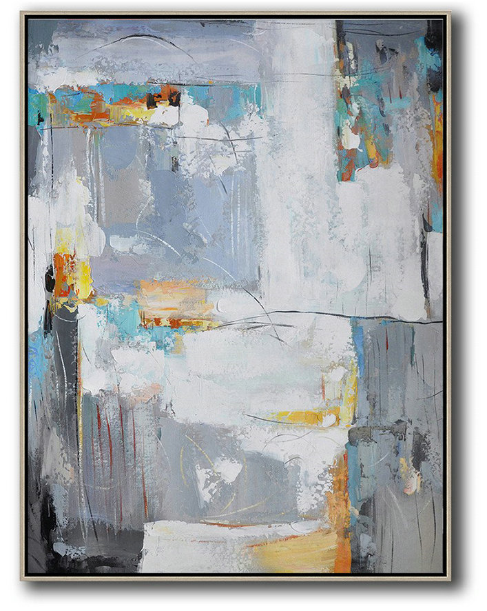 Original Extra Large Wall Art,Vertical Palette Knife Contemporary Art,Canvas Artwork For Sale,White,Grey,Yellow.Etc
